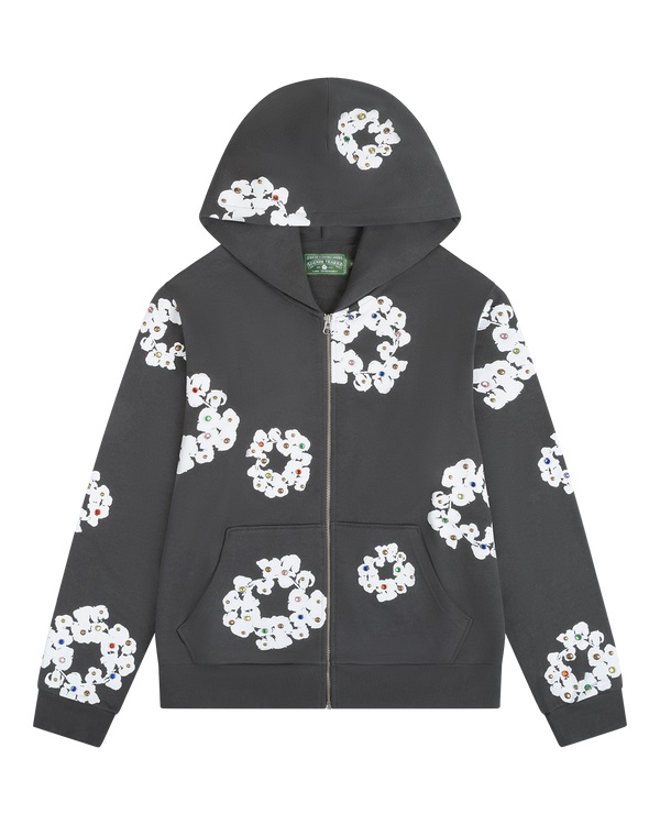 Rhinestone Cotton Wreath Zip Hoodie Vintage Black