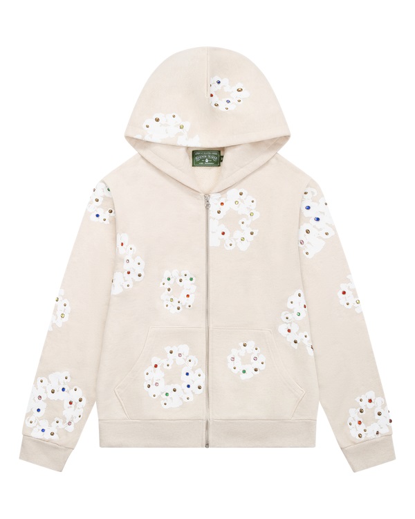 Rhinestone Cotton Wreath Zip Hoodie Oatmeal