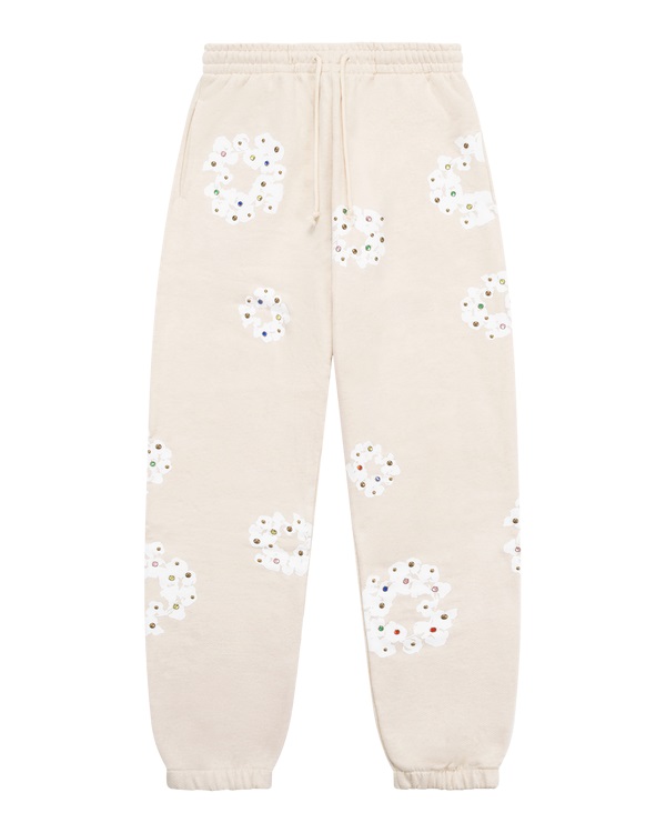 Rhinestone Cotton Wreath Sweatpants Oatmeal
